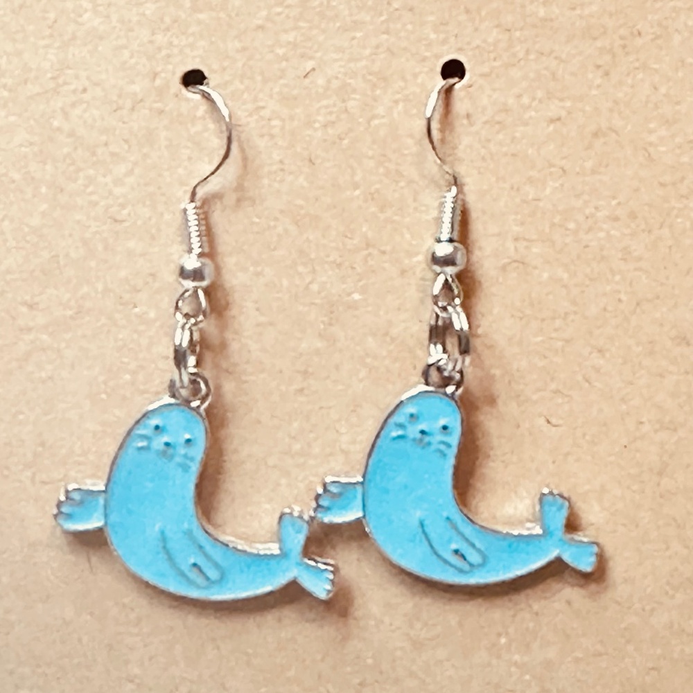 Handmade Blue Seal Enamel Dangle Earrings Stainless Steel Hooks Animal Jewelry